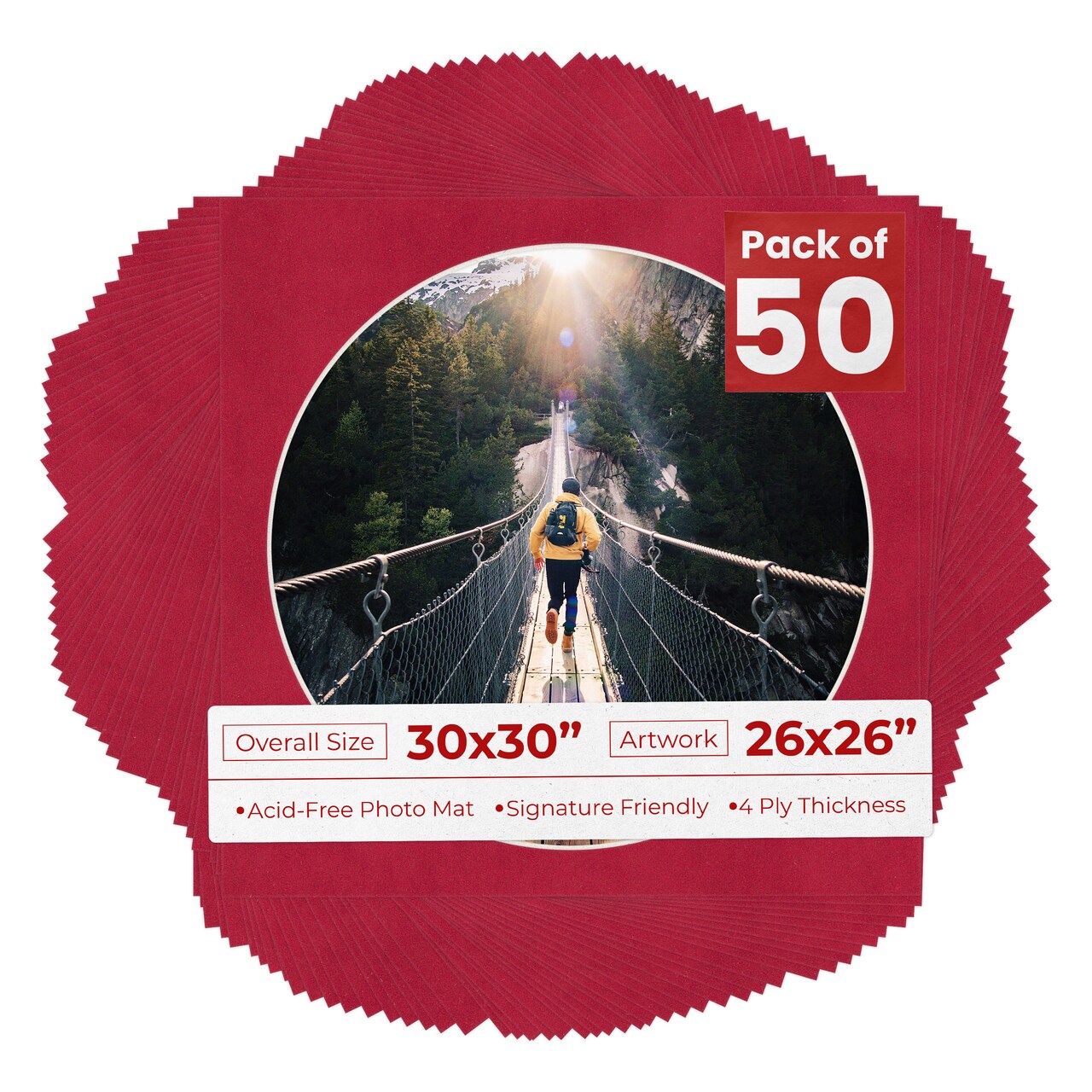 Red Suede Mat Board for 30x30 Frames - Circle Opening for 26x26 Photos